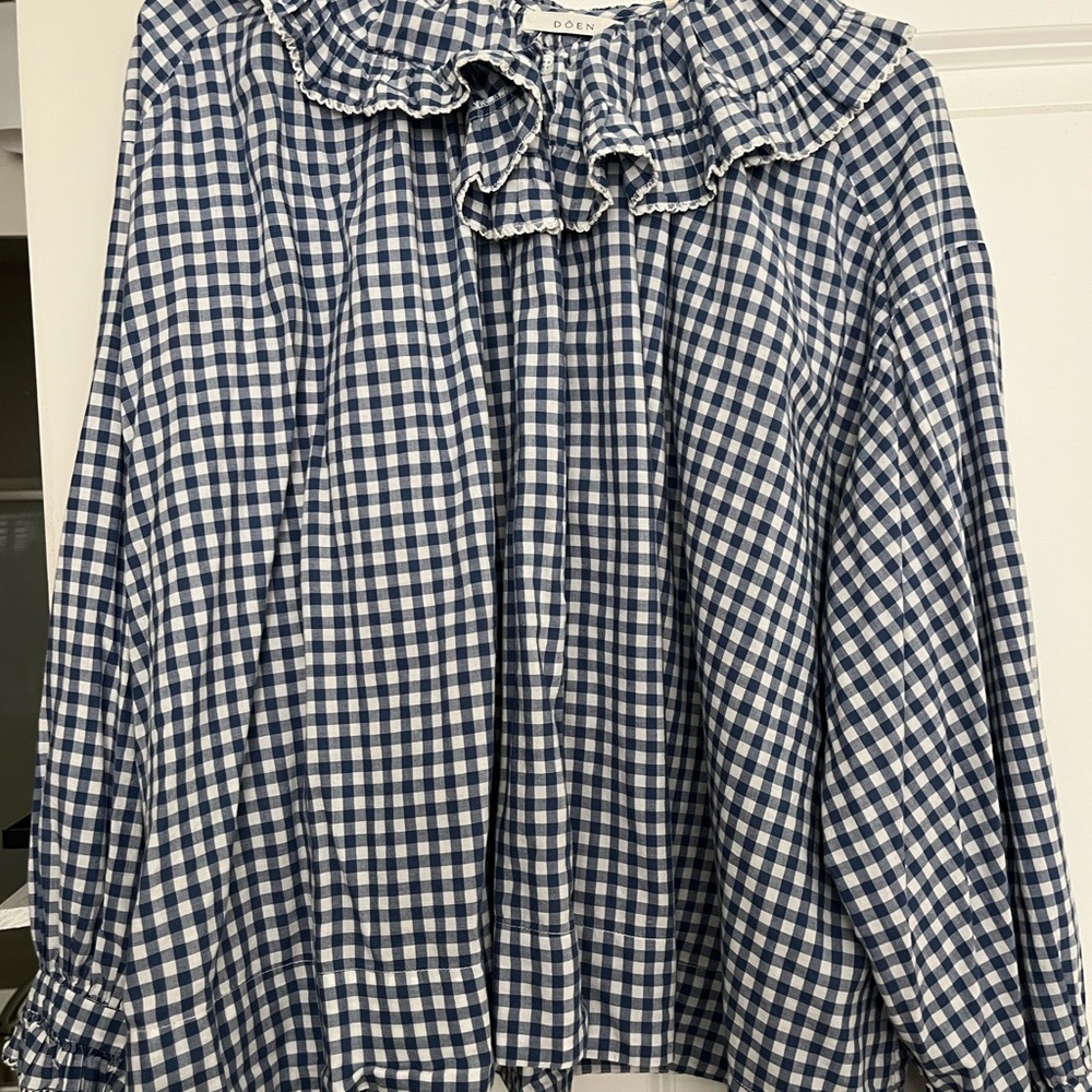 Doen Navy and White Checkered Blouse